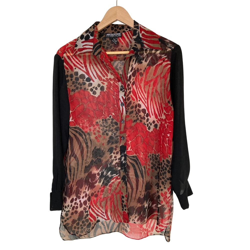 Mishca Red Animal Print Sheer Button Down Blouse Long Sleeve Mixed Pattern Med